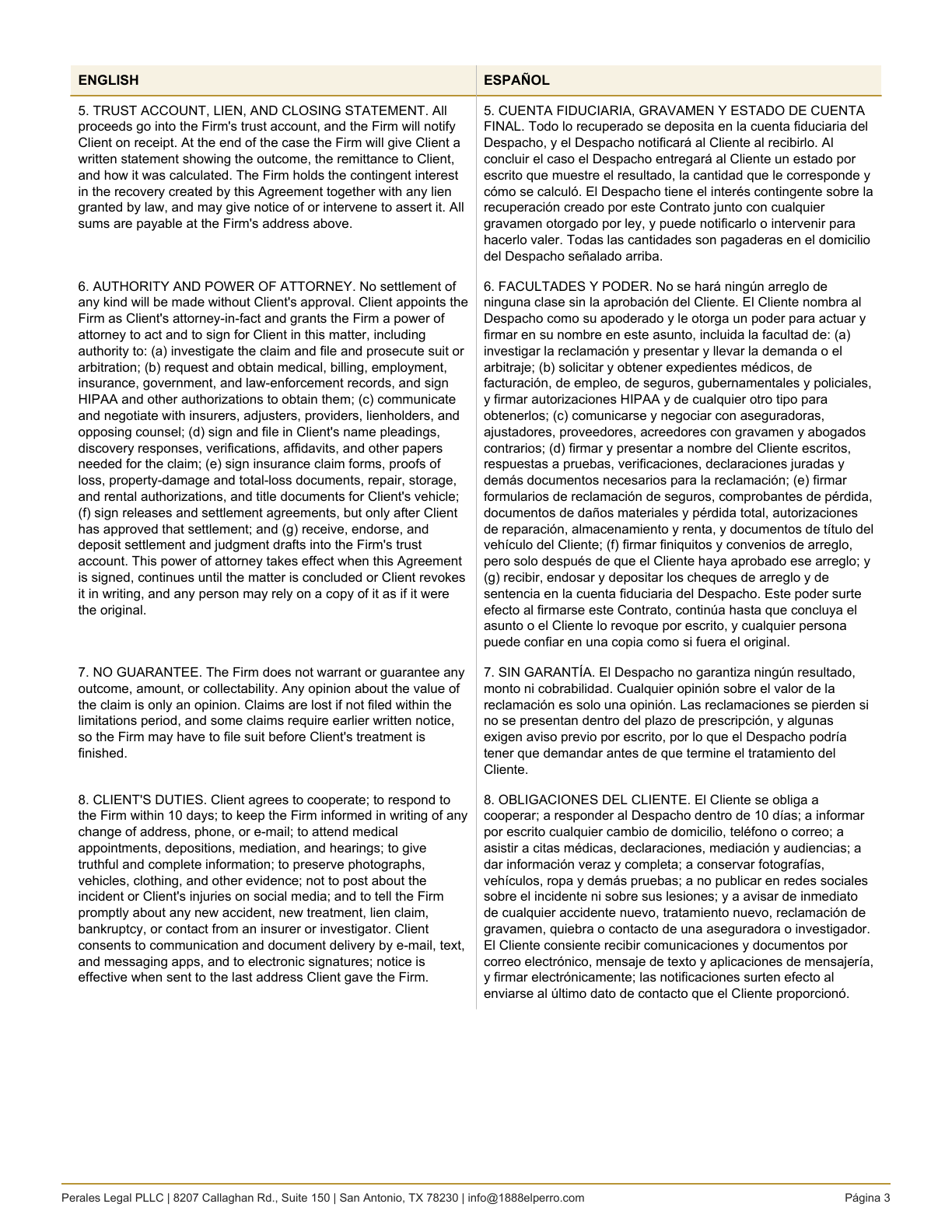 Página 3 del contrato de representación bilingüe